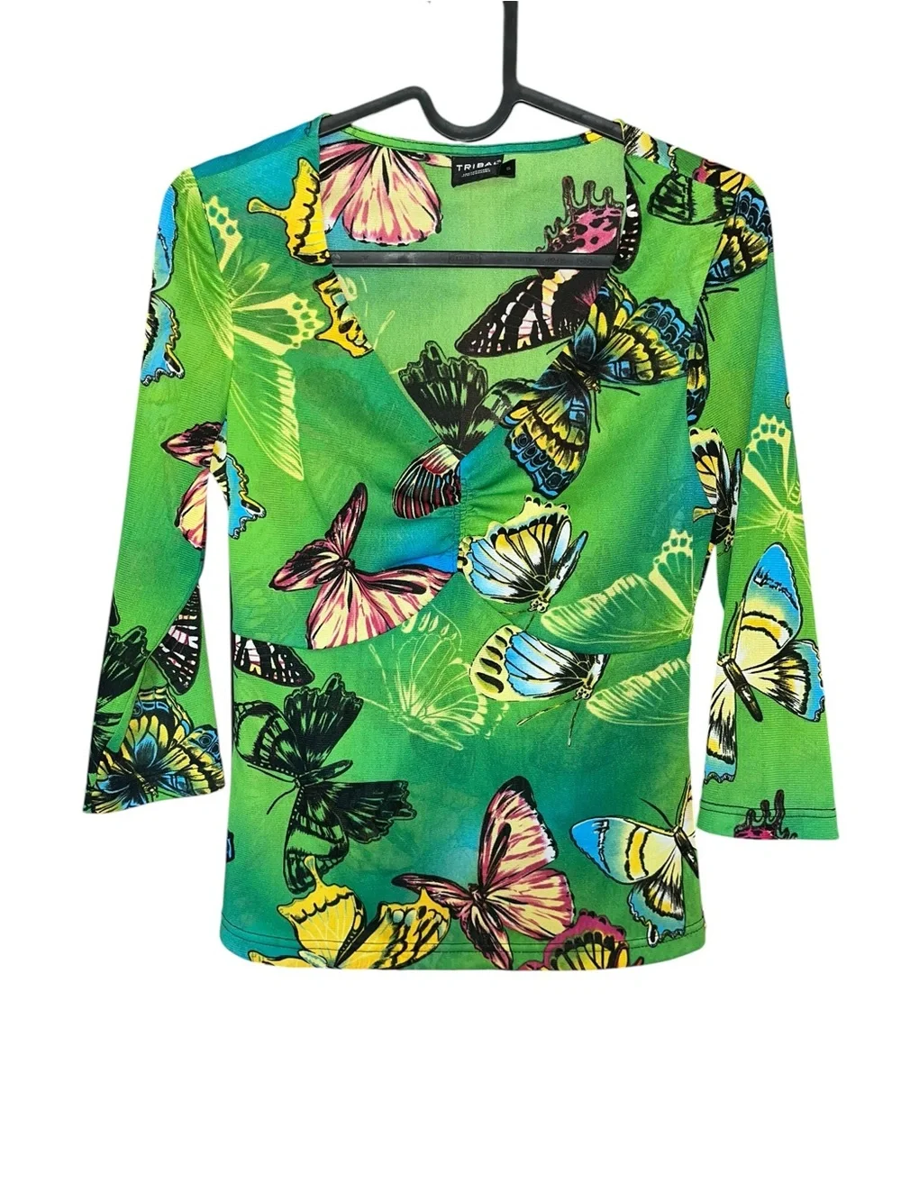 Vintage Y2K Tribal Green Mesh Butterfly V-Neck Gather 3/4 Sleeve Top Size S - Picture 1 of 4